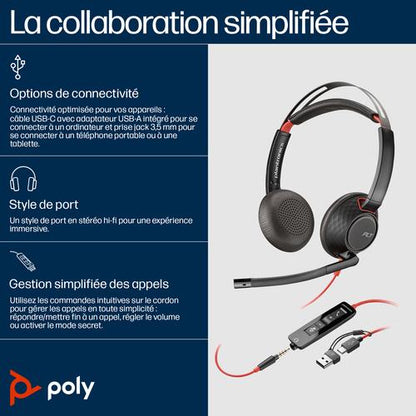 HP Poly Blackwire 5220 stereo USB-C-headset + 3,5 mm stekker + USB-C/A-adapter